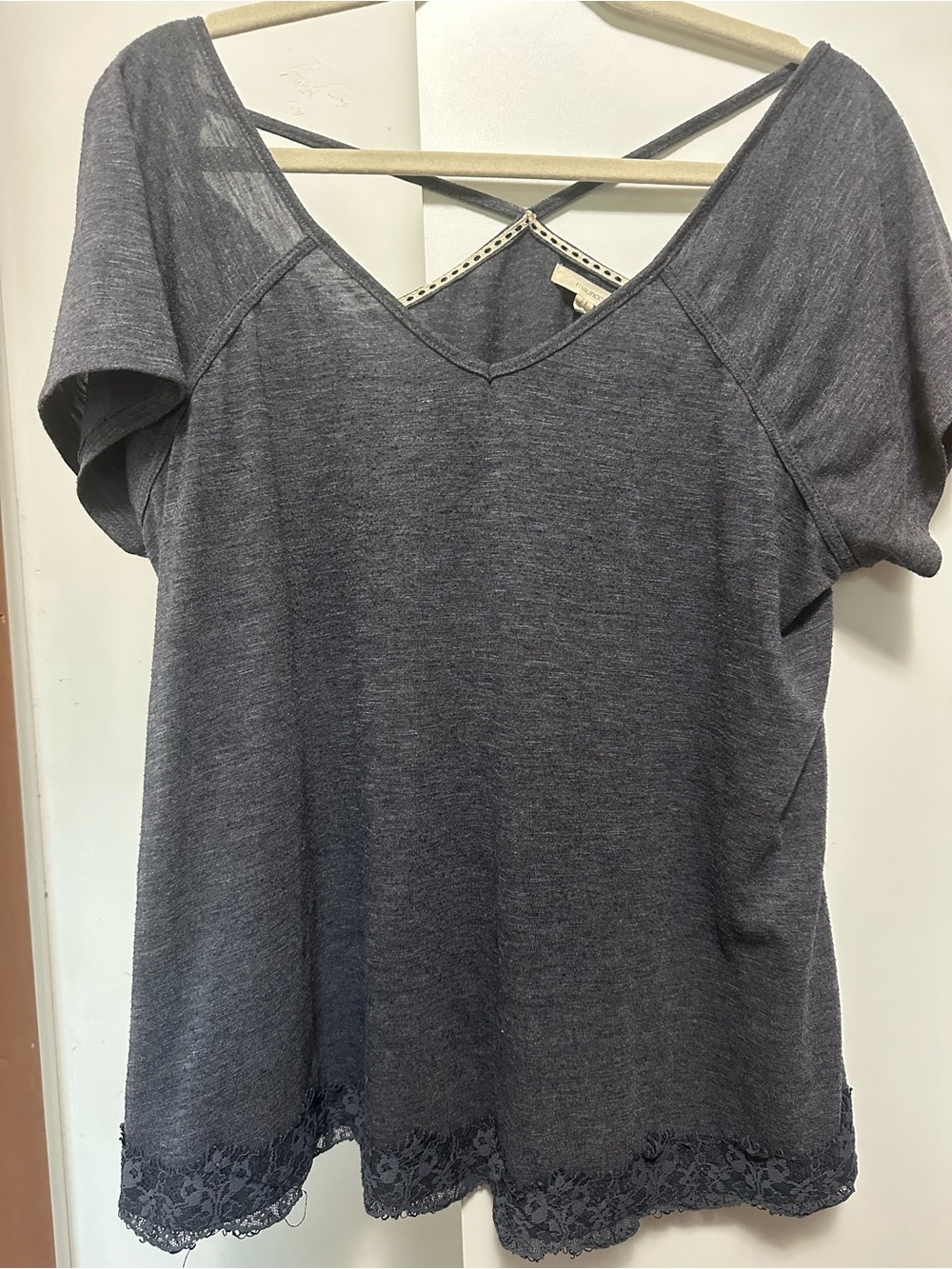 Maurices Charcoal Gray Short Sleeve V-Neck Top with Lace Hem